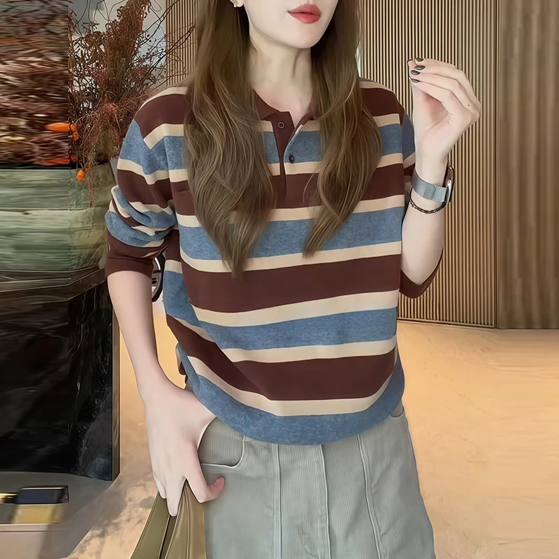 秋冬新款韩系百搭条纹翻领针织衫设计感高级气质美式复古漂亮上衣