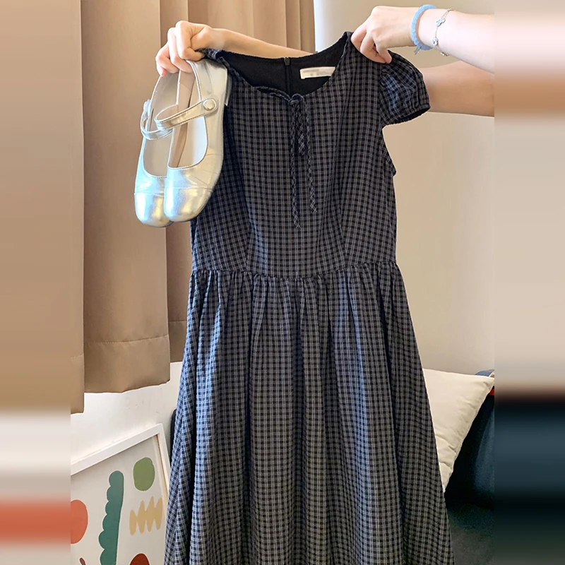 2025新款法式复古格纹短袖连衣裙子女夏季小个子气质高级收腰长裙