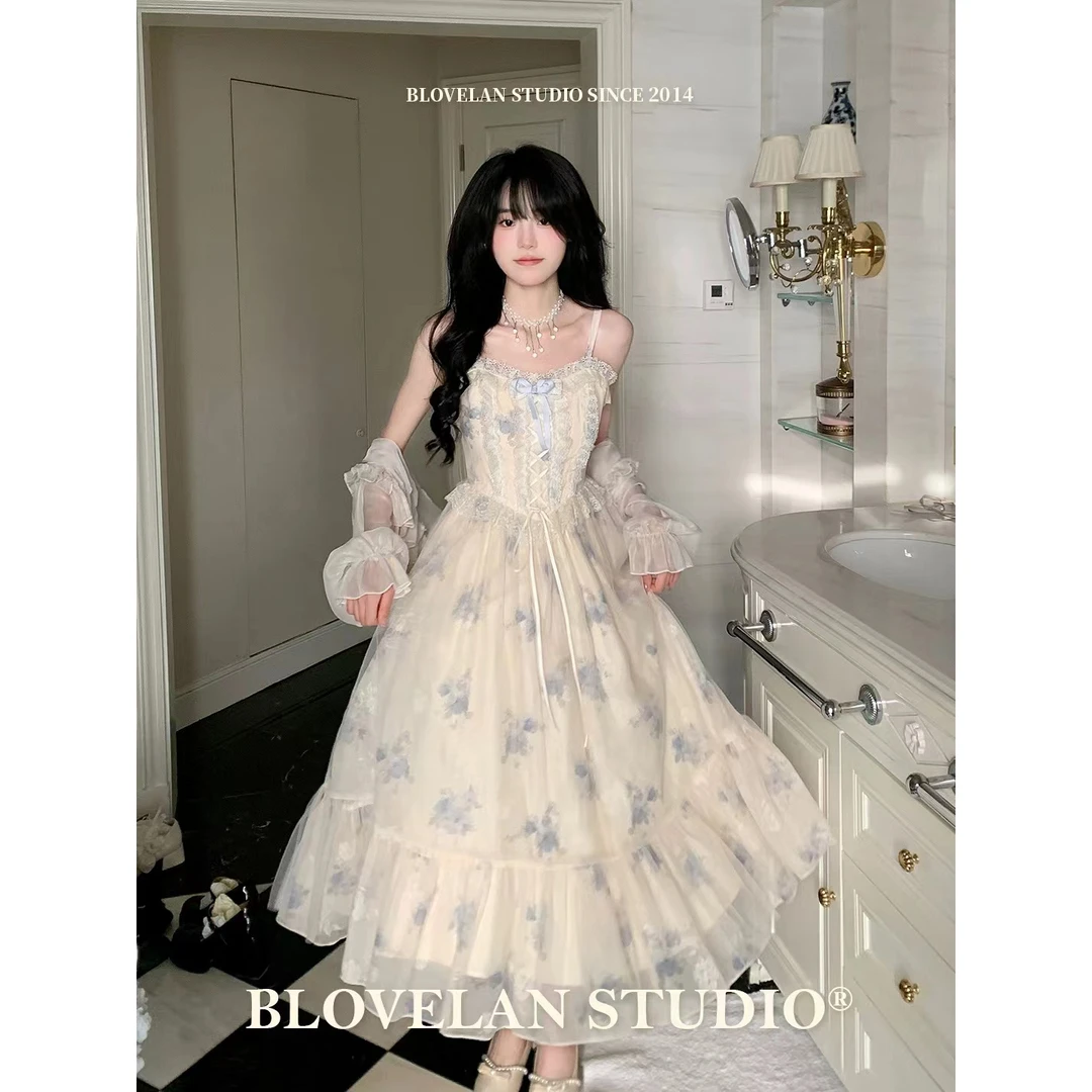 2025夏季公主花落绊歌开衫甜美印花网纱拼接蕾丝花边吊带裙少女