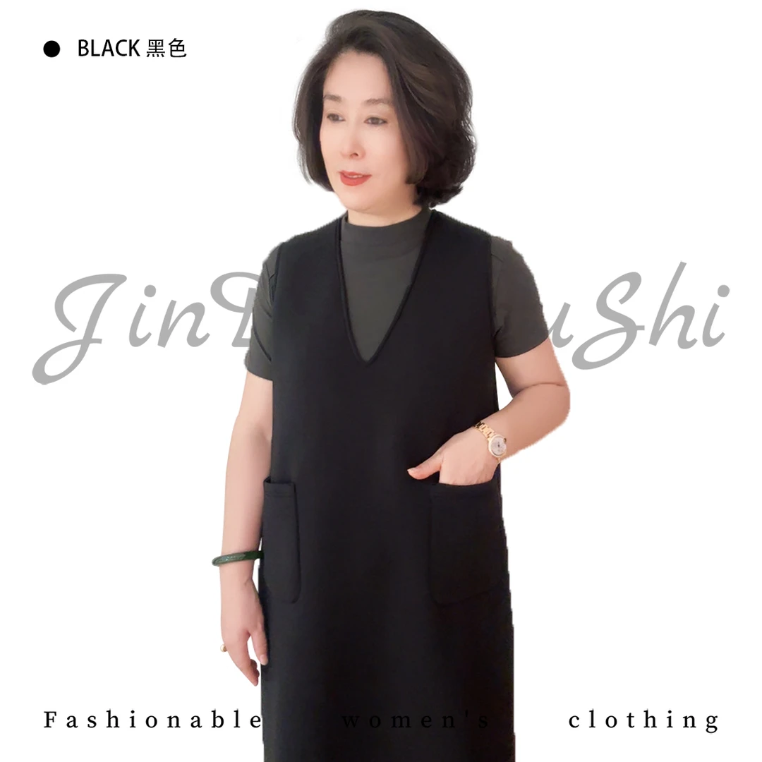 赫本风V领无袖纯色显瘦马甲裙  中年妈妈中长款女裙3965