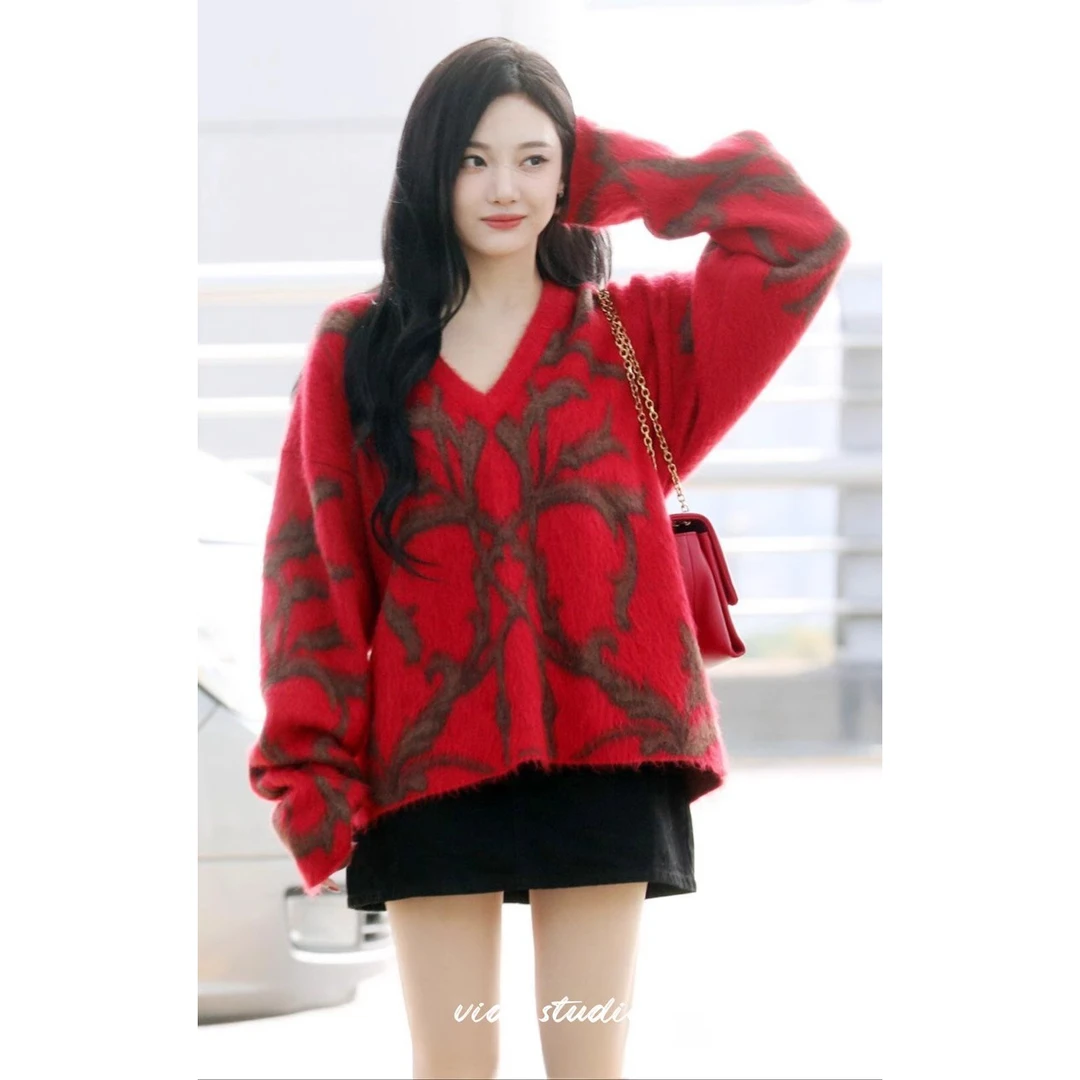 【菲姐专属】陈都灵同款红色V领毛衣女慵懒风软糯马海毛针织上衣