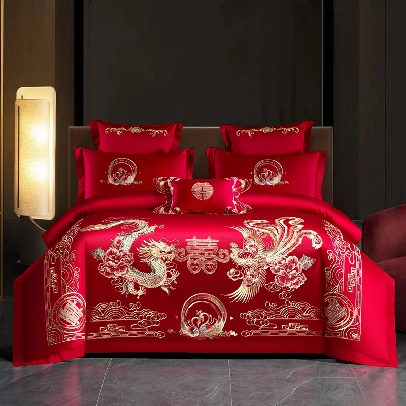 2025新款磨毛婚庆四件套大红色刺绣慕她亲肤喜庆结婚用多件套QDM