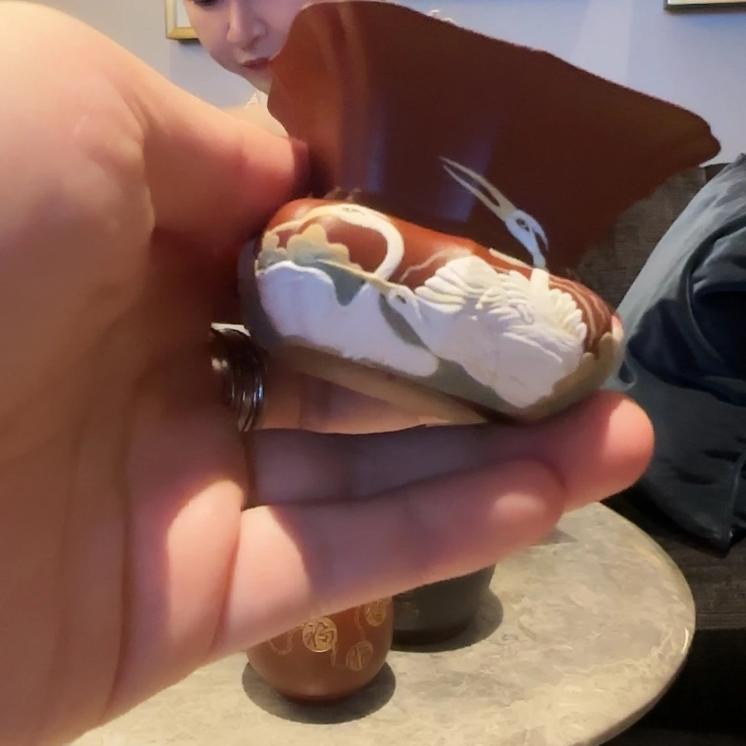 哈***哈紫砂茶叶罐朱泥筋纹杯泥绘