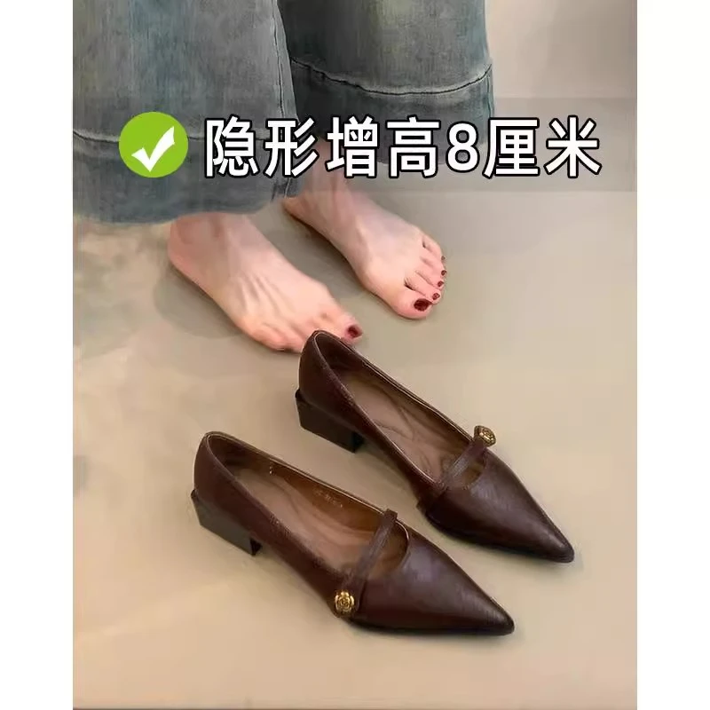 尖头单鞋女2025新款春季山茶花棕色复古粗高跟小个子内增高玛丽珍