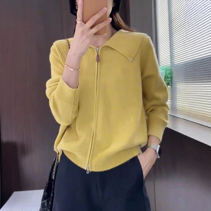 学院风纯色海军领秋季女款简约针织衫2025新款黄色毛衣开衫外套女