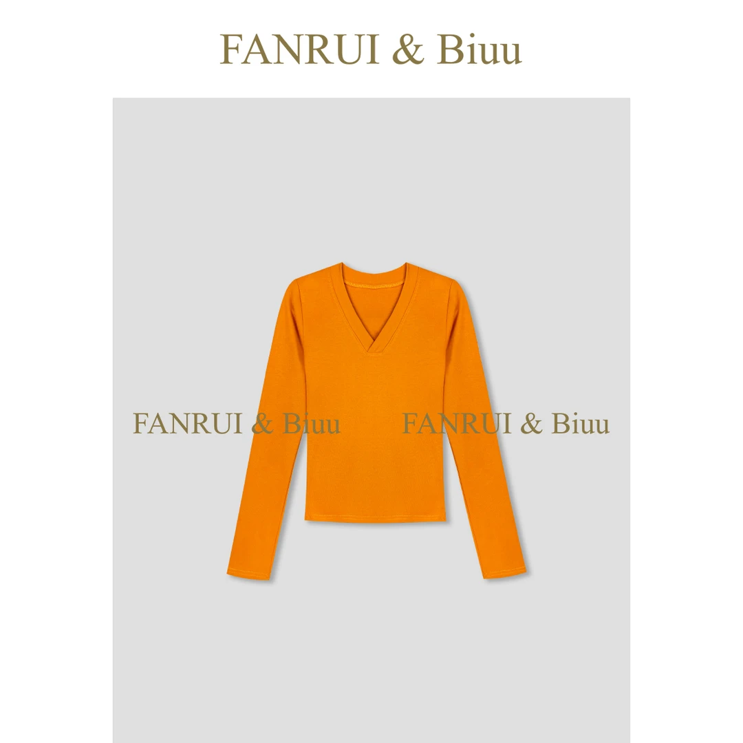 FANRUI/泛芮「贝贝biuu」简约百搭V领洋气时髦长袖女上衣t恤B18196