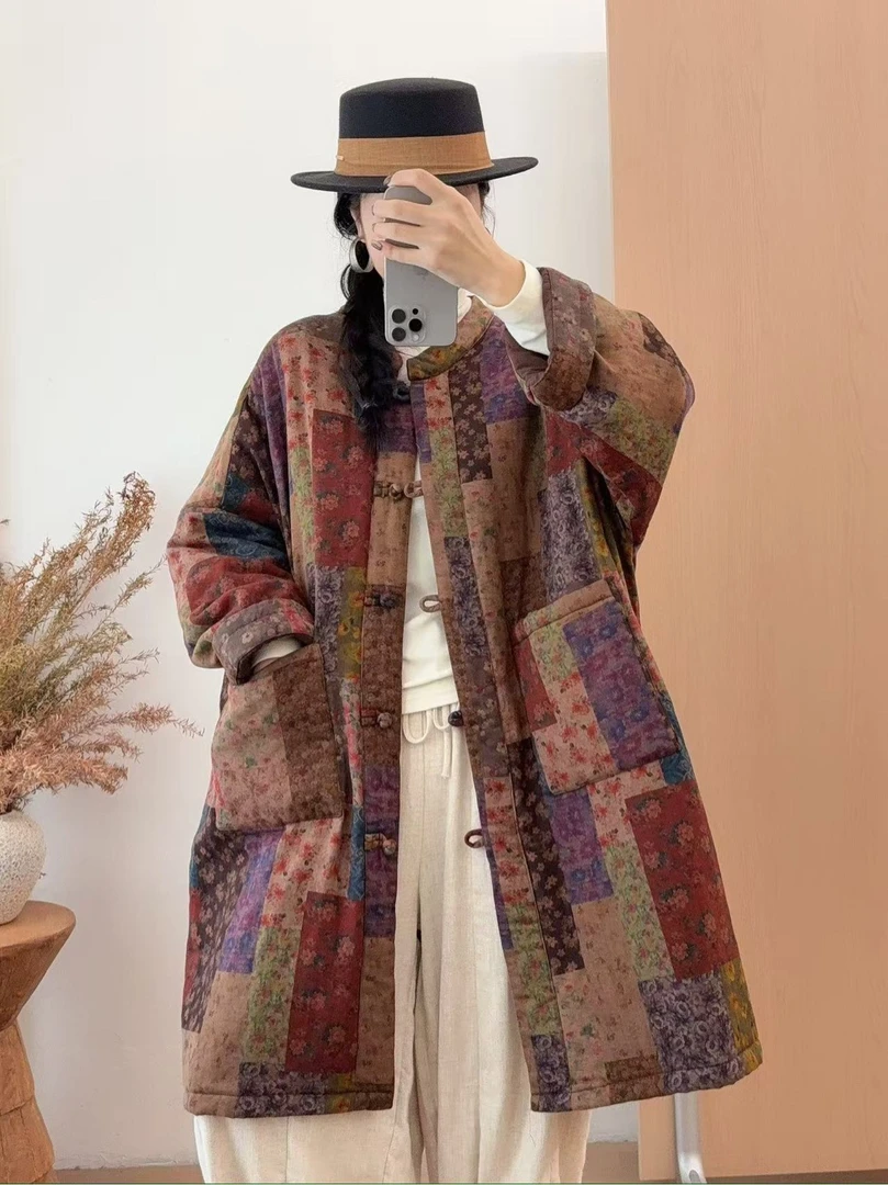 中式盘扣中长款夹棉棉衣棉服宽松冬季款印花长袖盘扣棉袄复古文艺