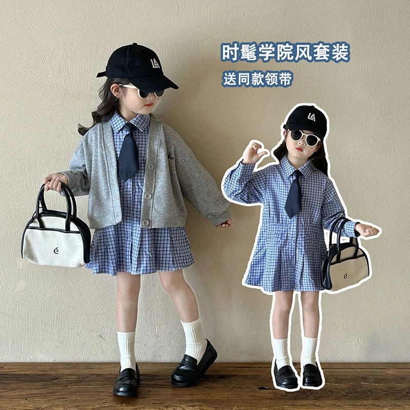 2025春季新款韩版外套女童单排扣外套休闲领带格子连衣裙学院风潮