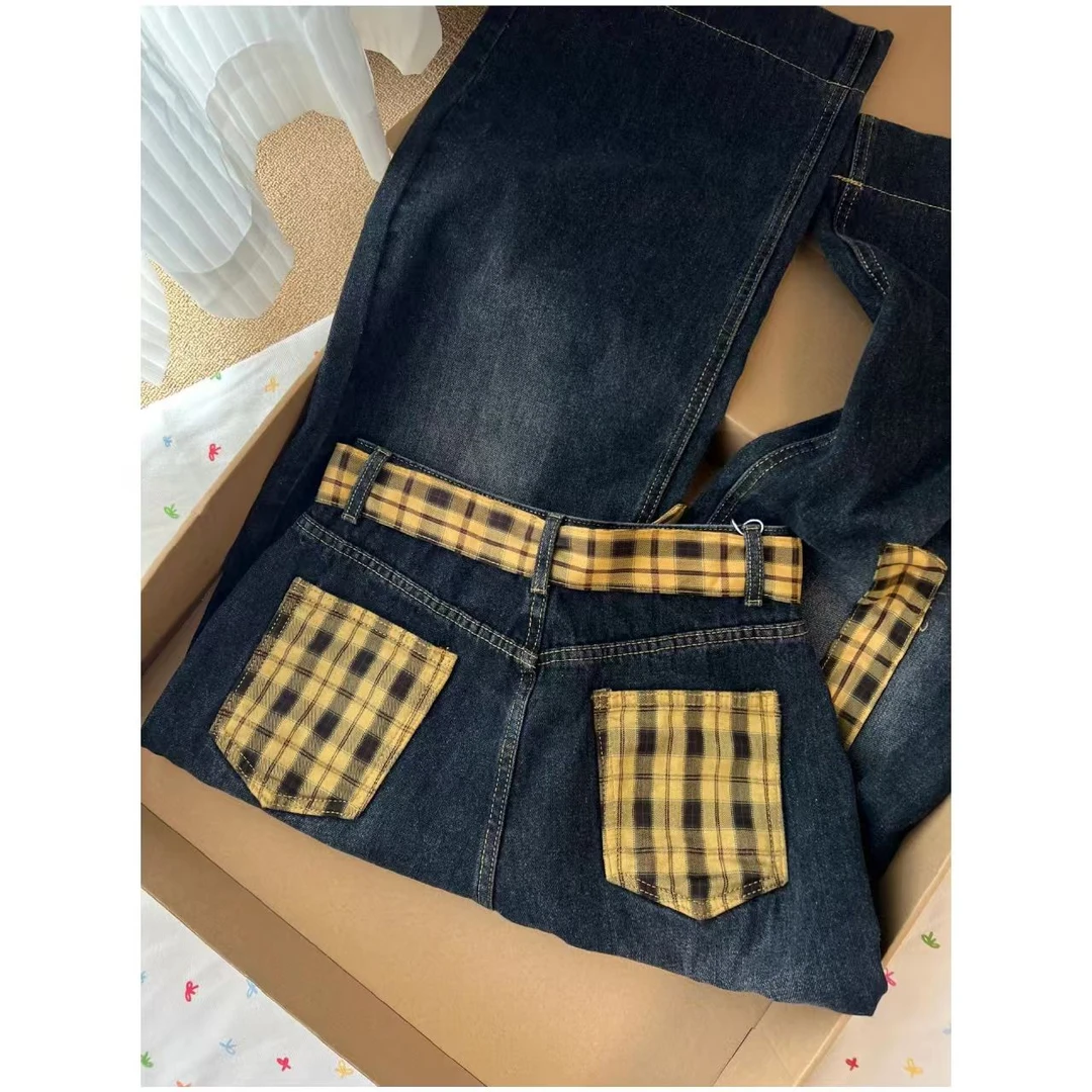 种草推荐！黑灰色格子拼接直筒牛仔裤女2025夏季高腰显瘦拖地裤子