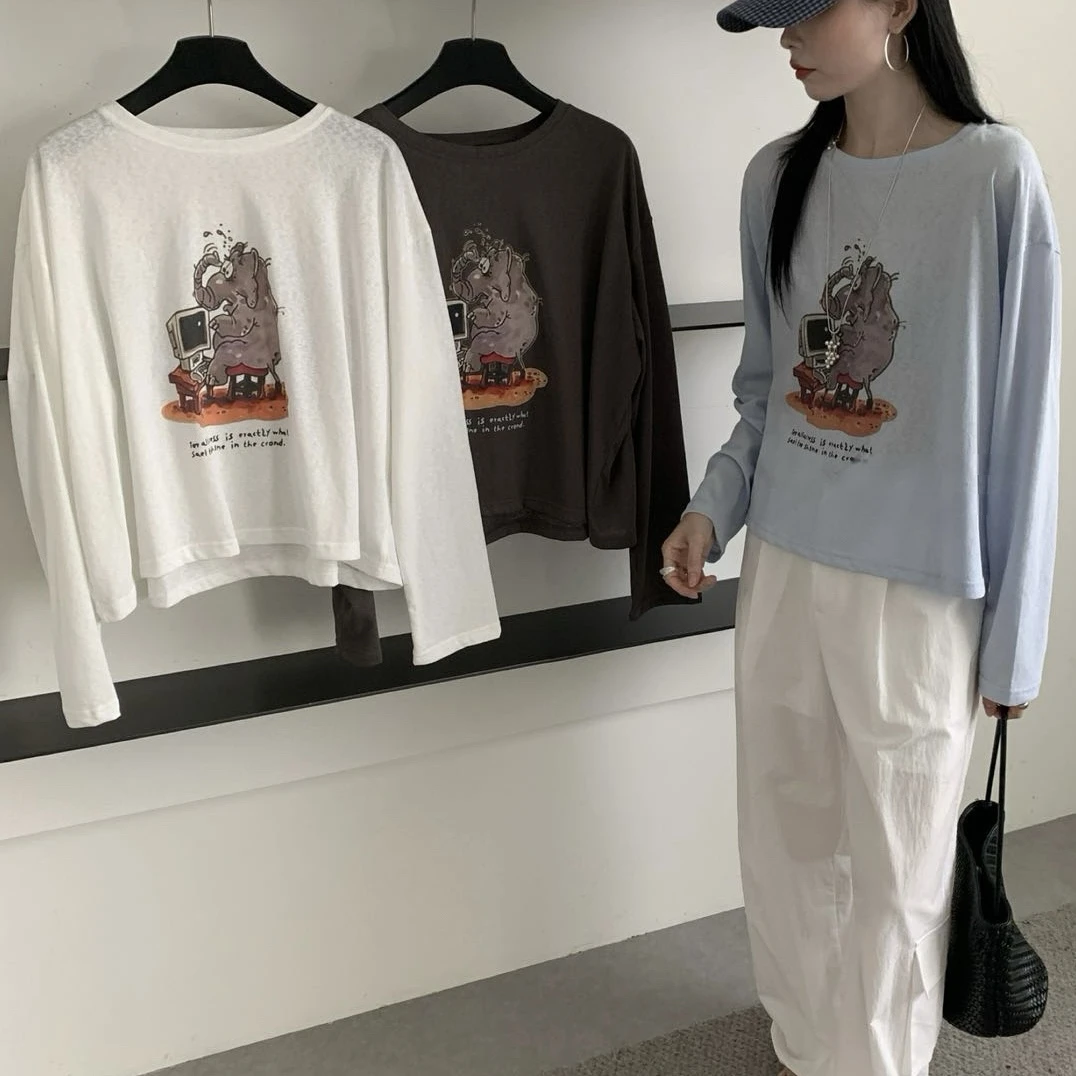 【大象长袖衫】Y韩系宽松纸片人长袖防晒衫百搭显瘦圆领长袖衫