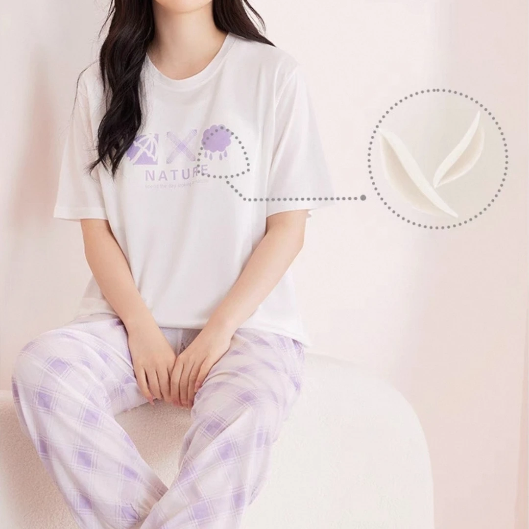 女士自带无感杯垫，莱赛尔棉混纺清爽凉感情侣居家服短袖长裤套装
