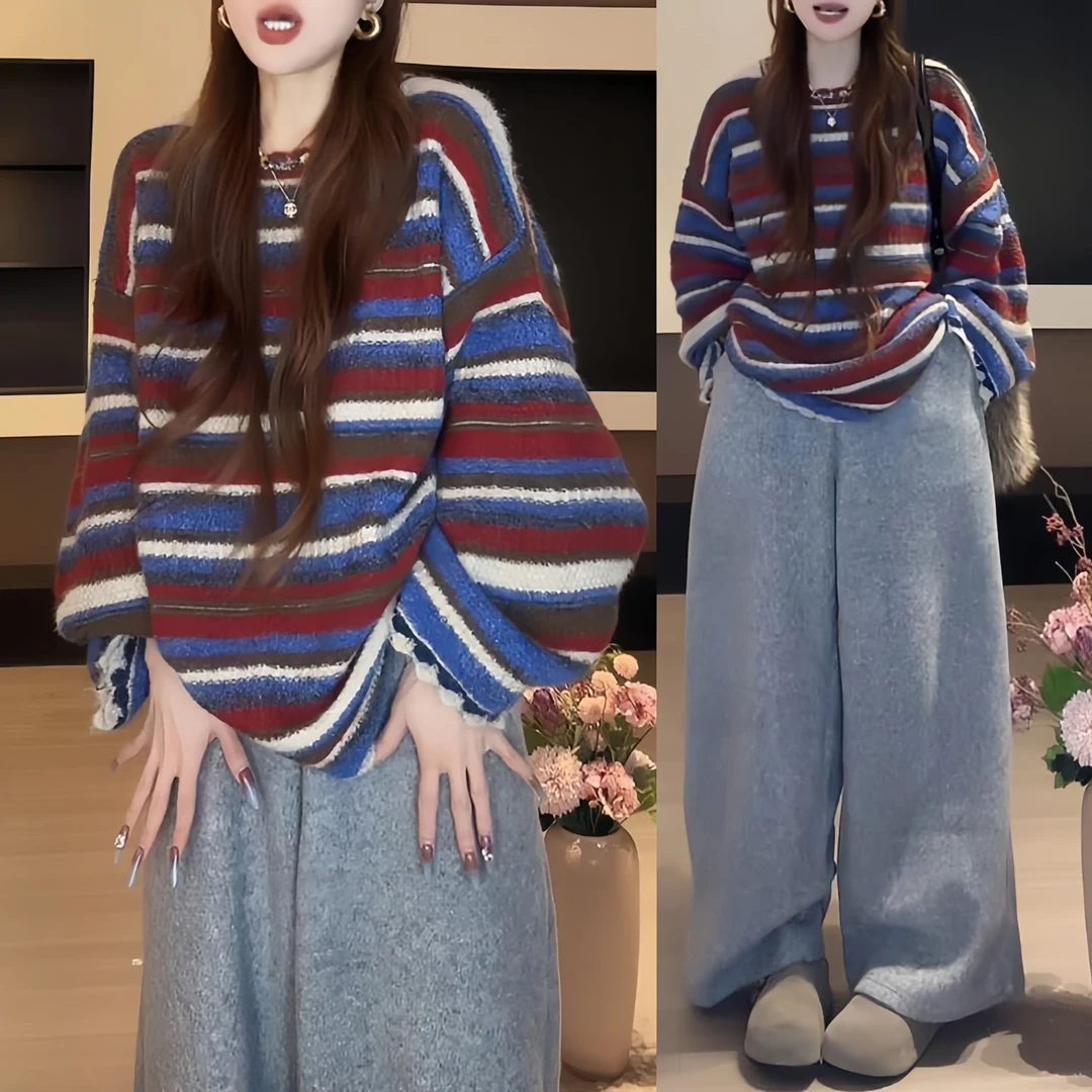 兹伊翰【圣诞系列】条纹撞色针织衫女士2025冬季新款显瘦阔腿裤套装