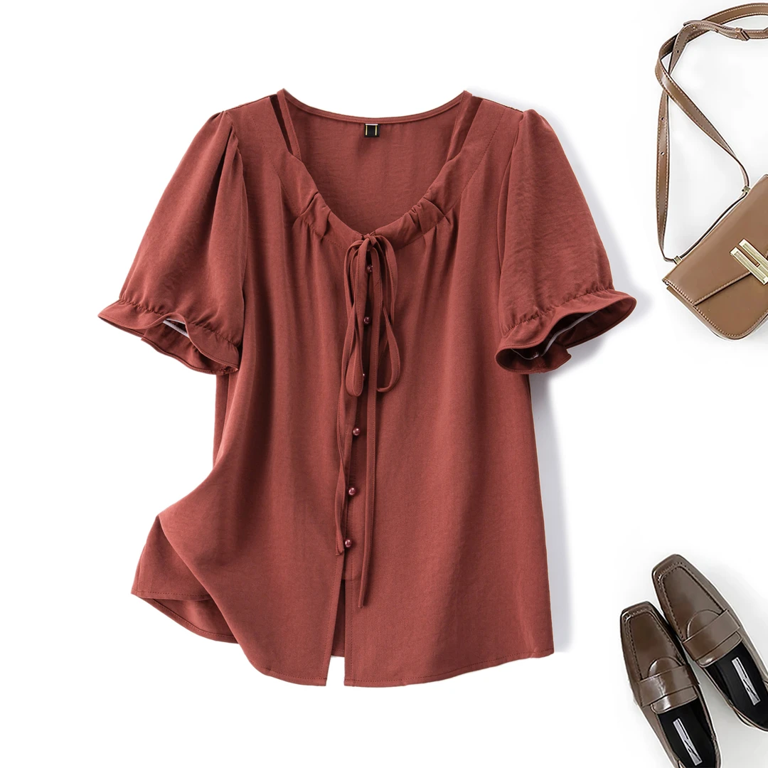 2025夏季大码女遮肉短袖小衫胖妹妹设计感减龄系带显瘦上衣63657