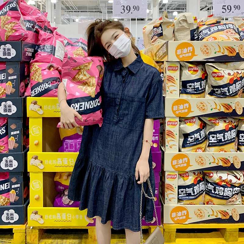 轻奢设计感宽松显瘦裙子2025夏新款法式复古减龄短袖牛仔连衣裙女