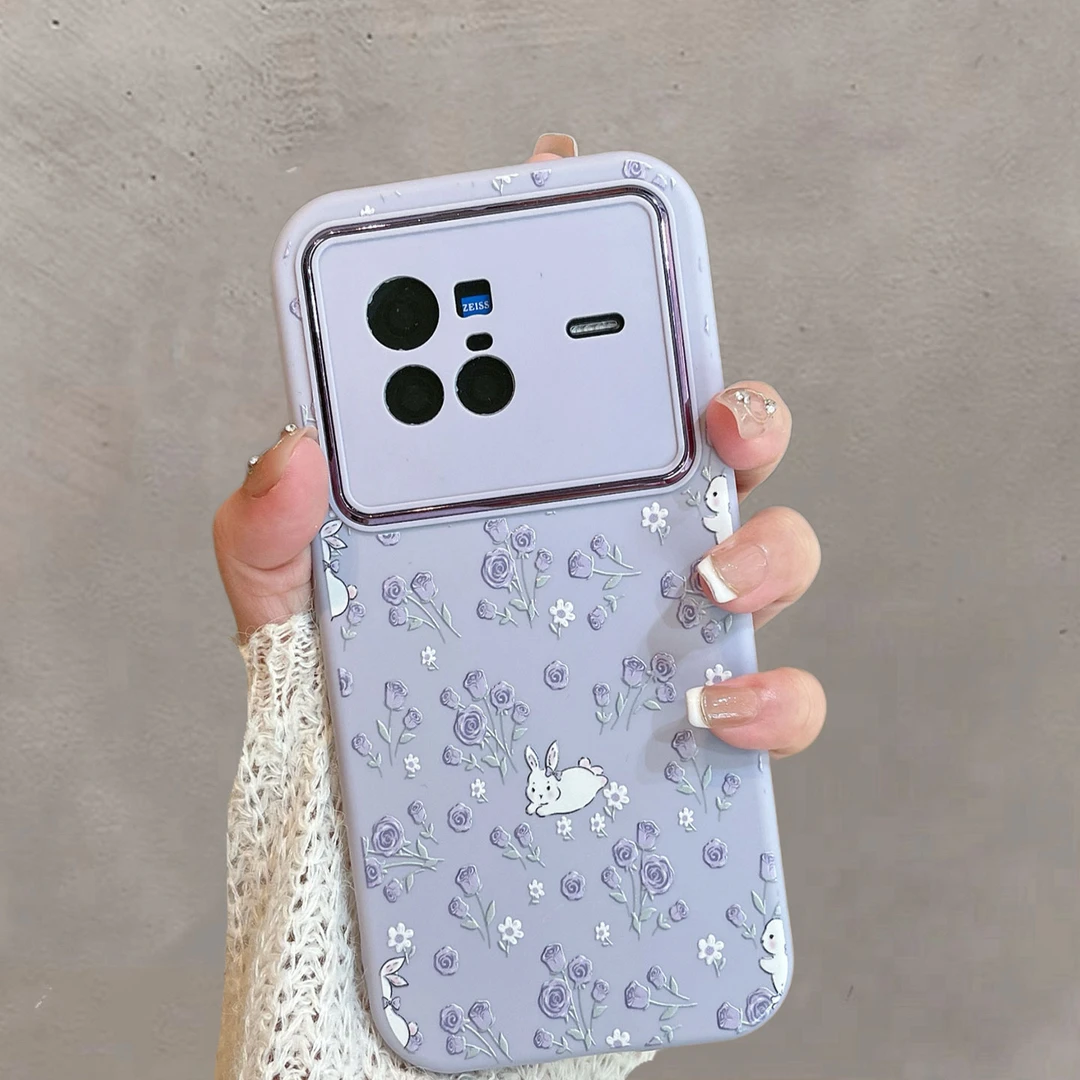 适用于vivox80手机壳曲屏版紫色小清新花朵可爱兔子新款全包防摔