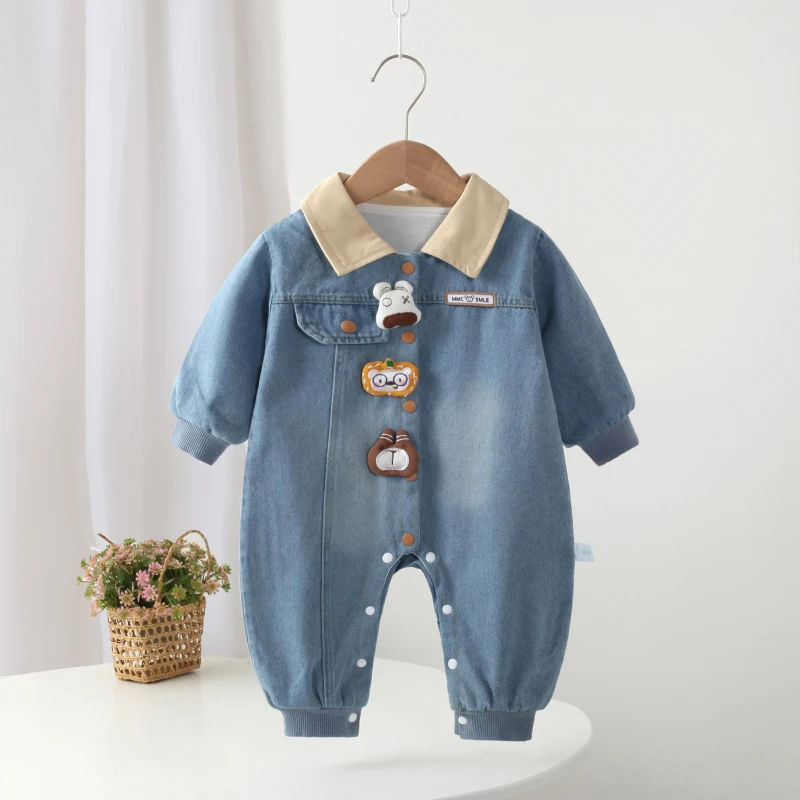 新生婴儿秋装衣服洋气男宝宝牛仔连体衣春秋款韩版幼儿秋季外出服