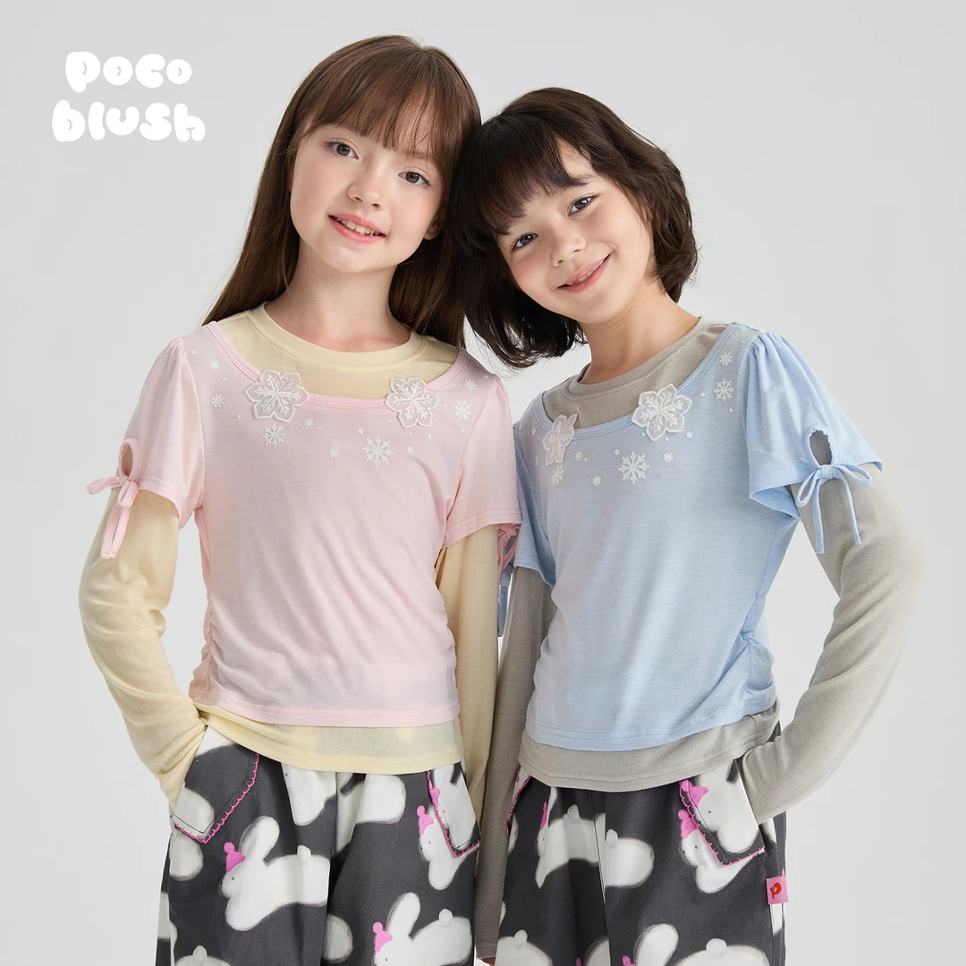 pocoblush【雪花飘飘】羊毛长袖T恤2025早秋装女童假两件打底上衣