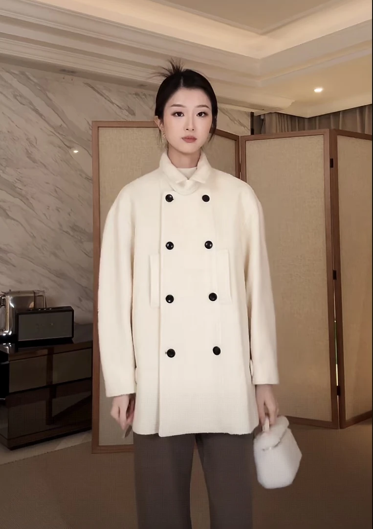 立领双排扣复古慵懒毛呢外套羽绒