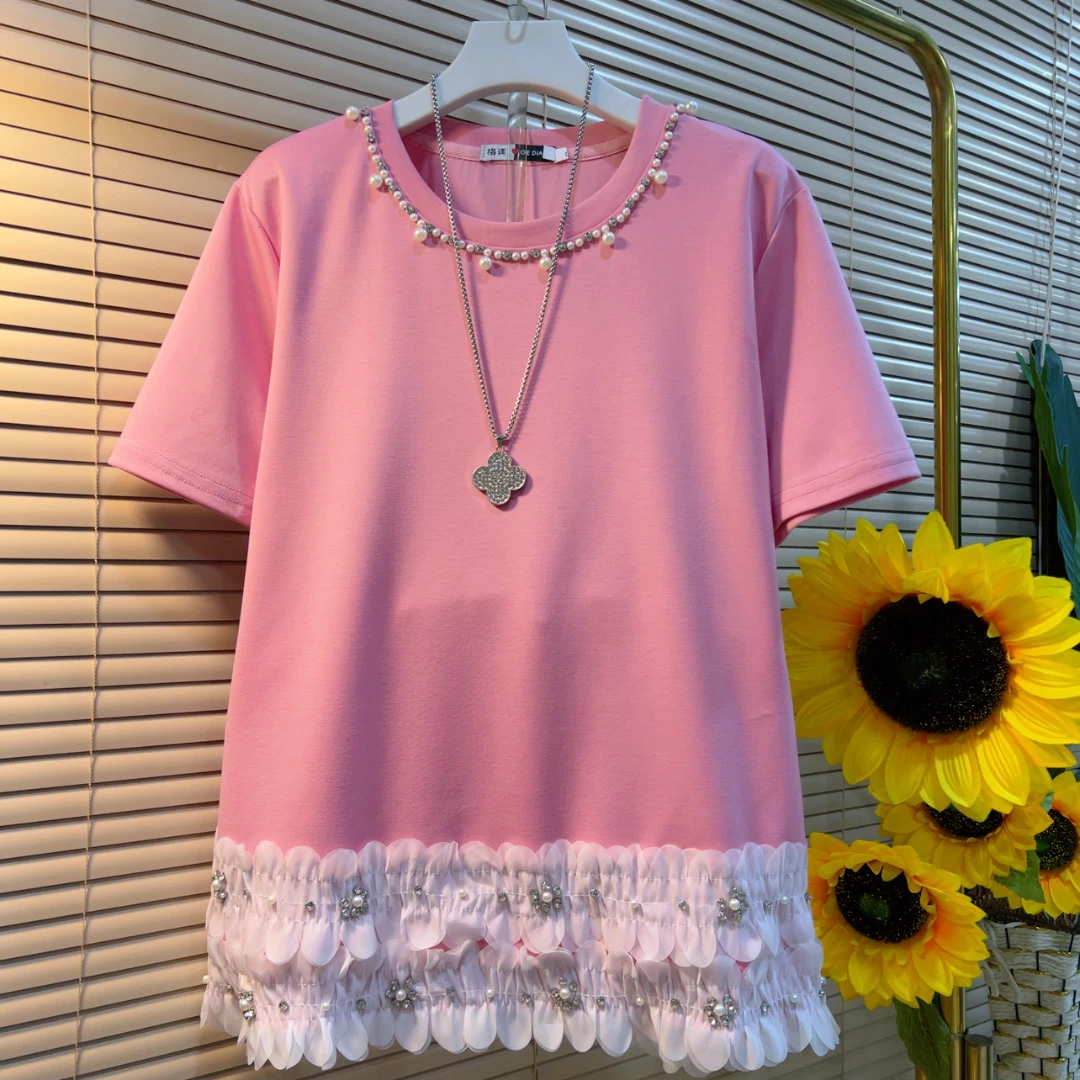 GD夏新款设计感圆领钉珠花边显瘦减龄短袖T恤上衣女