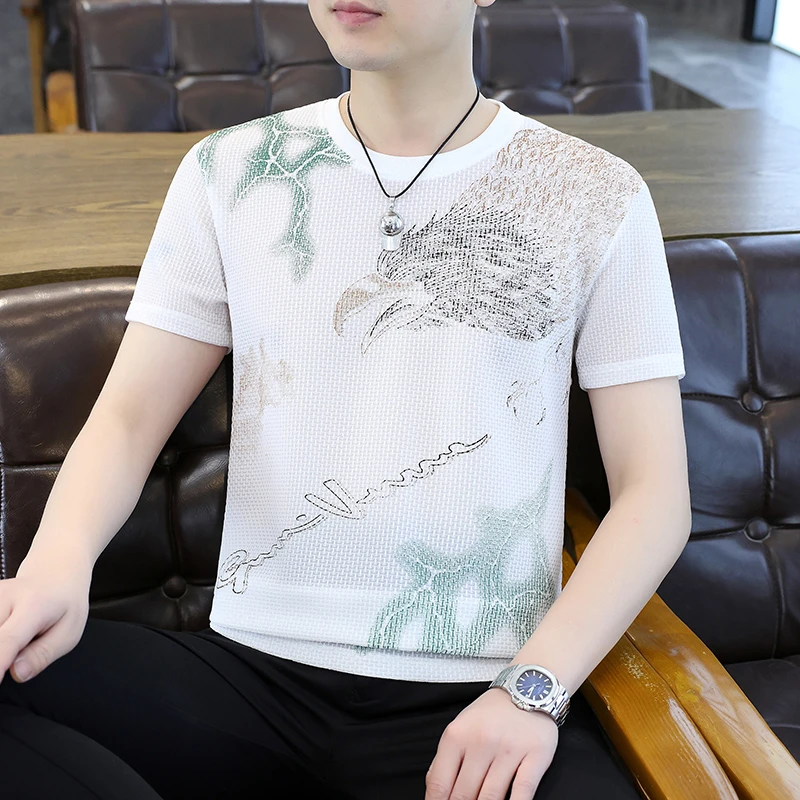 半袖男士短袖休闲圆领夏季冰丝提花T恤男装上衣印花薄款修身帅气