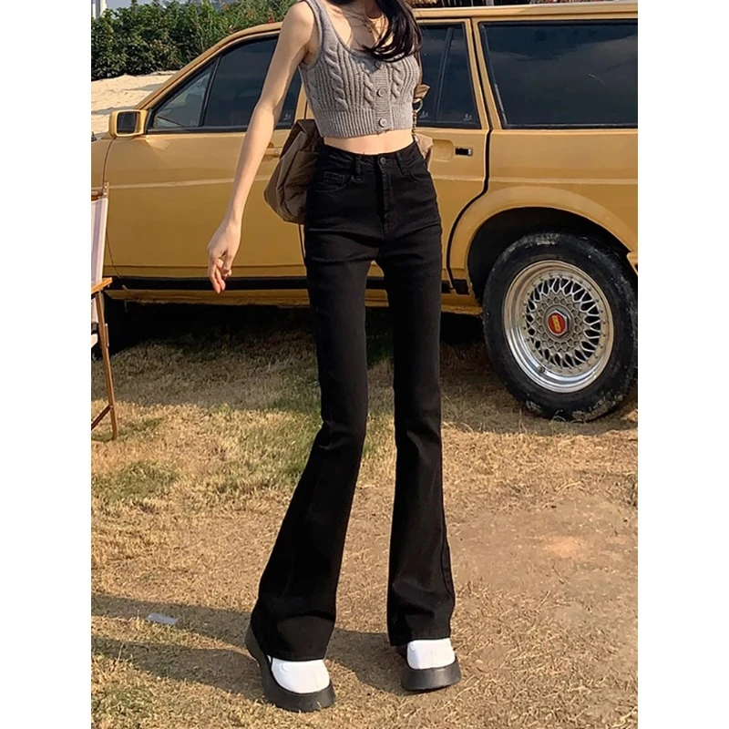 棉70%高腰微喇叭牛仔裤女装潮流百搭新款黑色紧身修身显瘦喇叭马