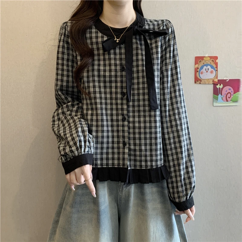 大码胖mm法式复古蝴蝶结系带格子衬衫女早秋2025新款长袖衬衣上衣