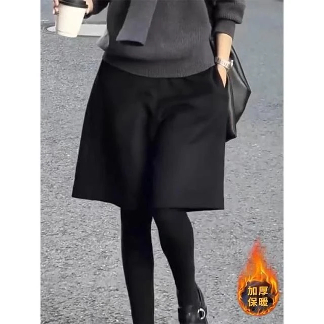 黑色加厚五分毛呢裤女2025春季大码今年流行高腰宽松百搭阔腿中裤