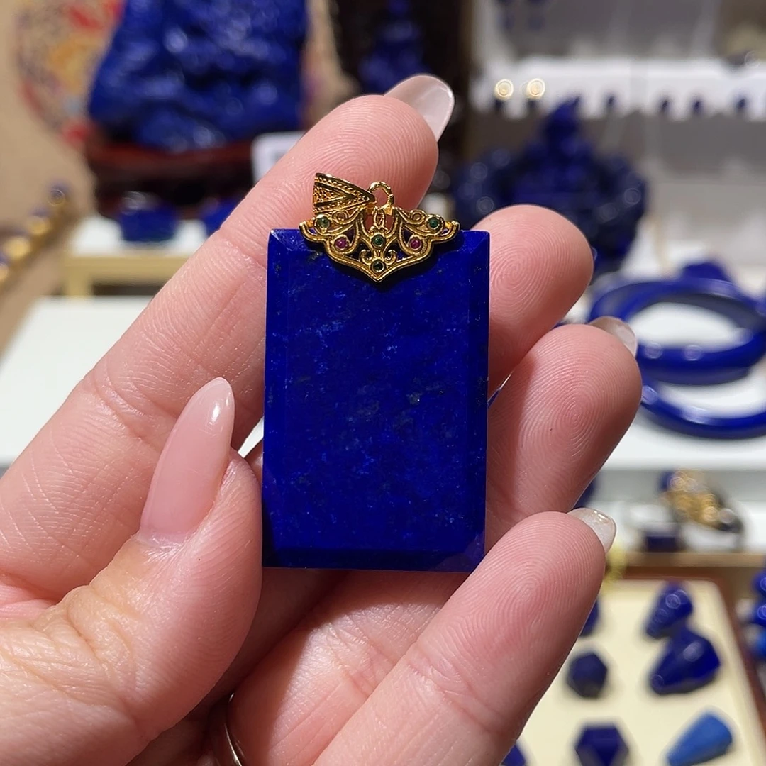 青金石银S925镀金镶嵌无事牌吊坠