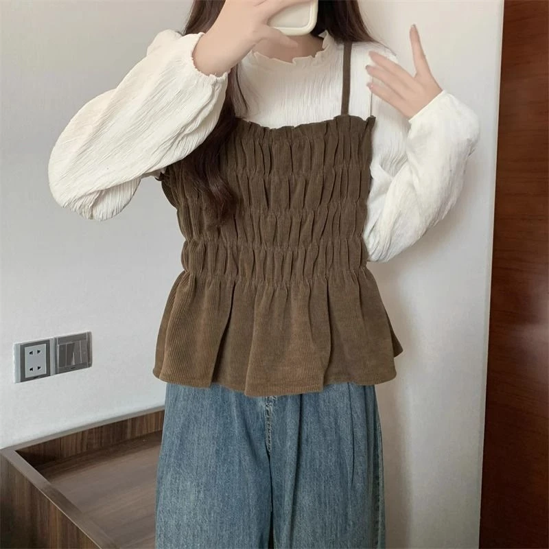 小众法式高级感假两件衬衫女春秋胖mm收腰遮肚显瘦短款娃娃衫上衣