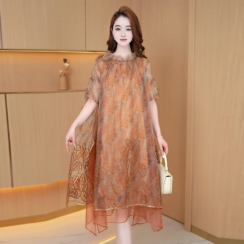【连衣裙】夏季新款时尚复古修身洋气收腰显瘦减龄短袖宽松连衣裙