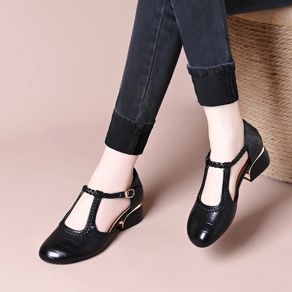 头层牛皮法式包头凉鞋女2025年新款夏季圆头粗跟单鞋复古低跟皮鞋