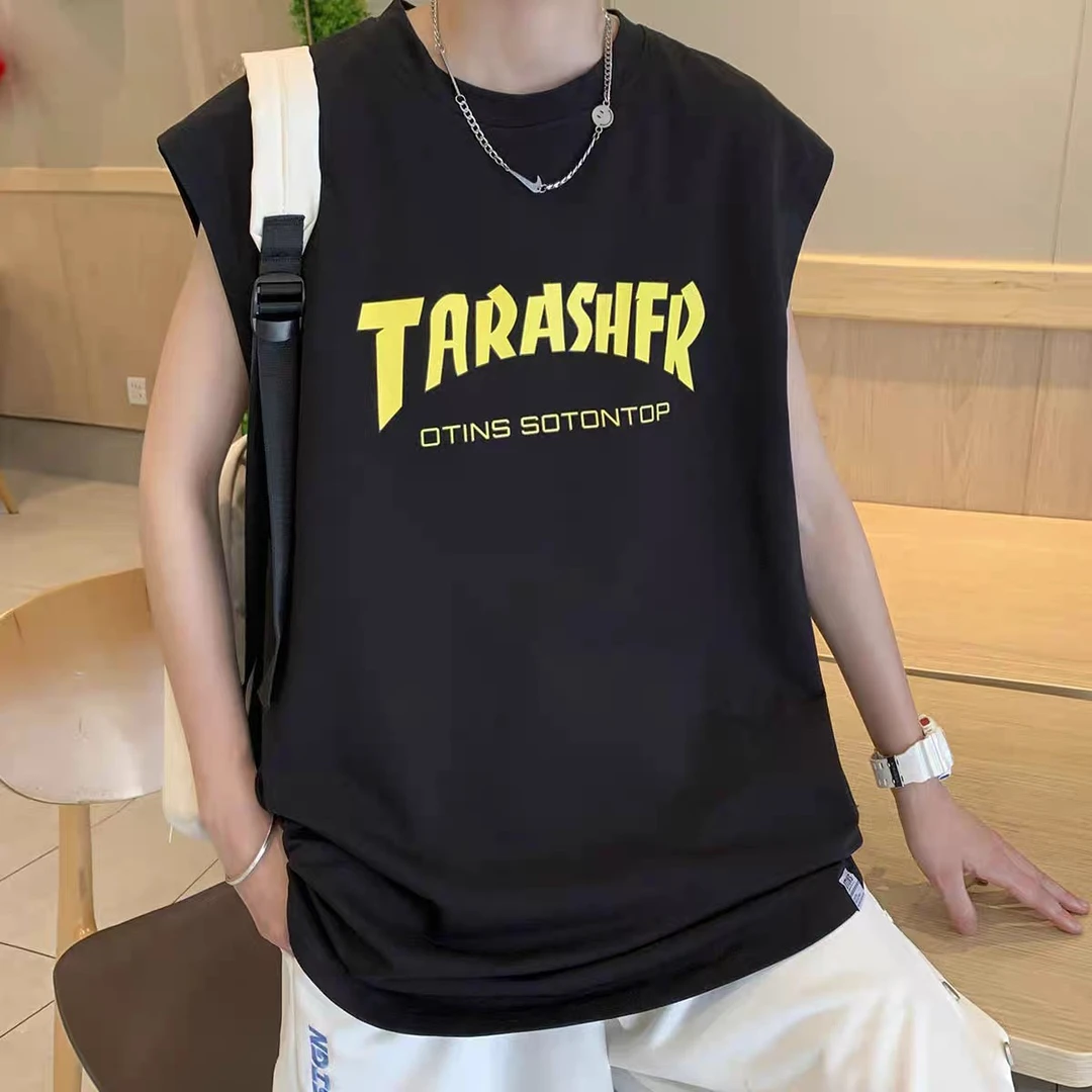 潮 夏季创意男士无袖t恤2025圆领全棉潮流轻奢大码无袖坎肩