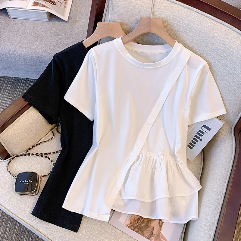夏季新款宽松别致上衣女大码洋气减龄不规则休闲t恤漂亮小衫百搭