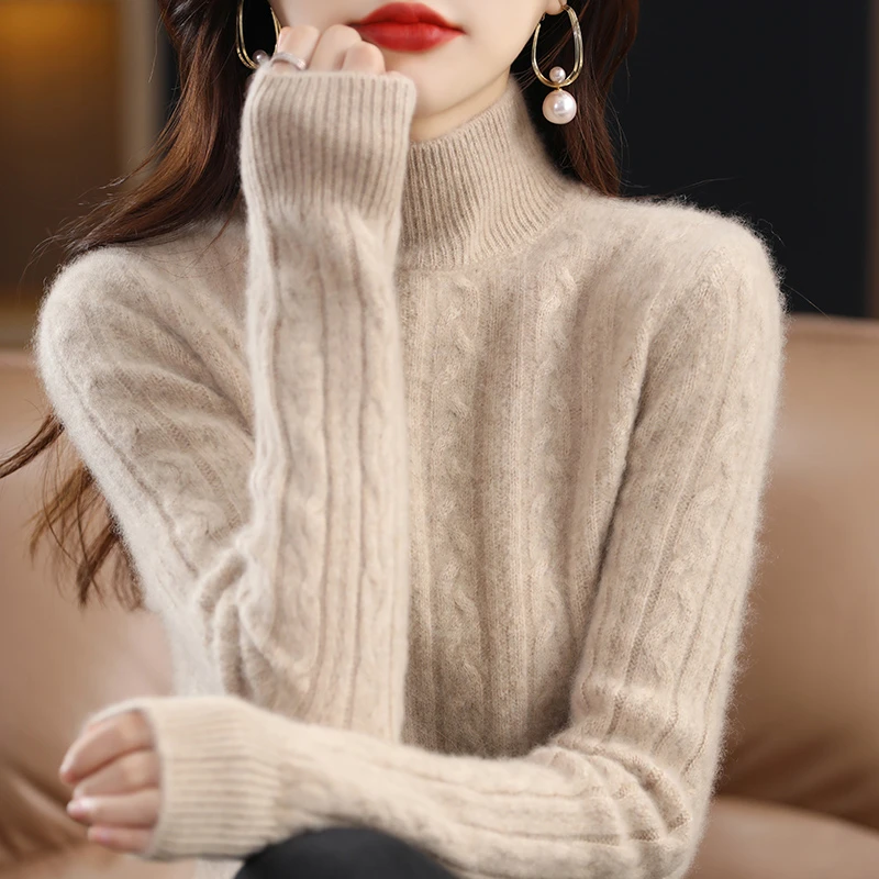 【重磅加厚】100%纯山羊绒衫女半高领钮花宽松显瘦百搭针织打底衫