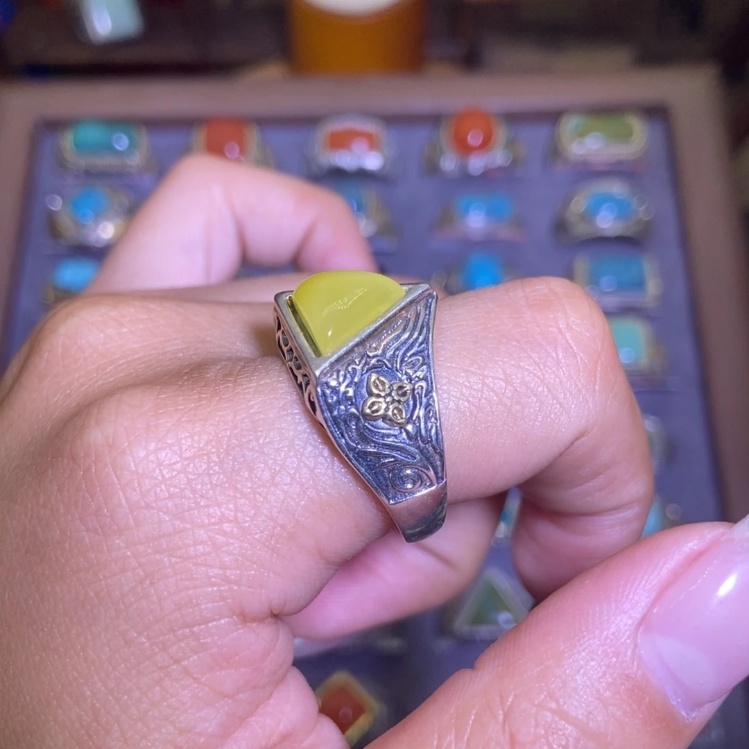 M***n蜜蜡银S925镶嵌戒指