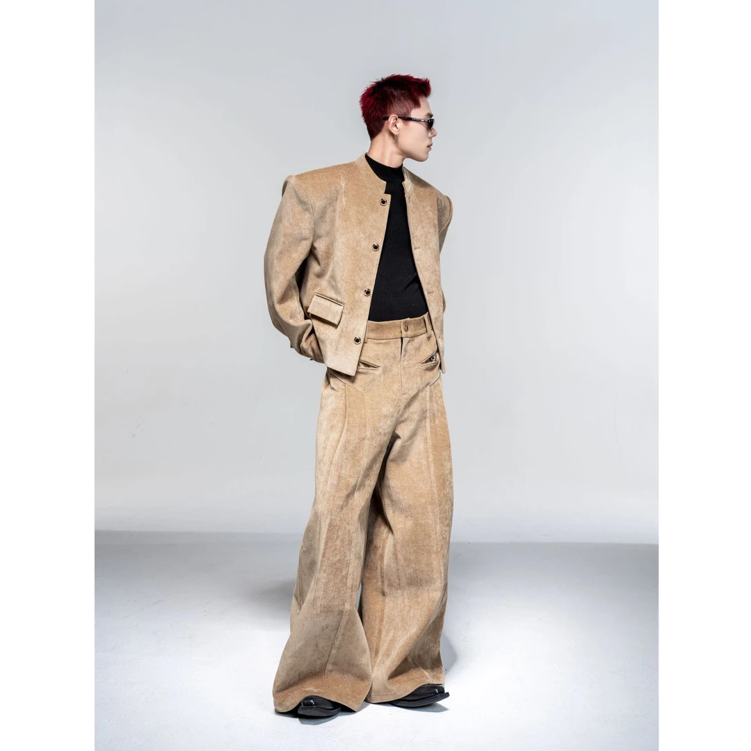 DBW Doublewin丝绒垫肩夹克外套男精致复古宽松休闲裤子套装890