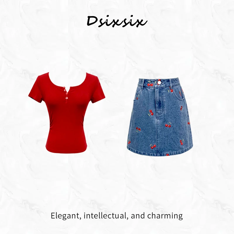 Yeah Me/也觅【樱桃特调】夏季新款时尚樱桃刺绣高腰牛仔半身裙套装