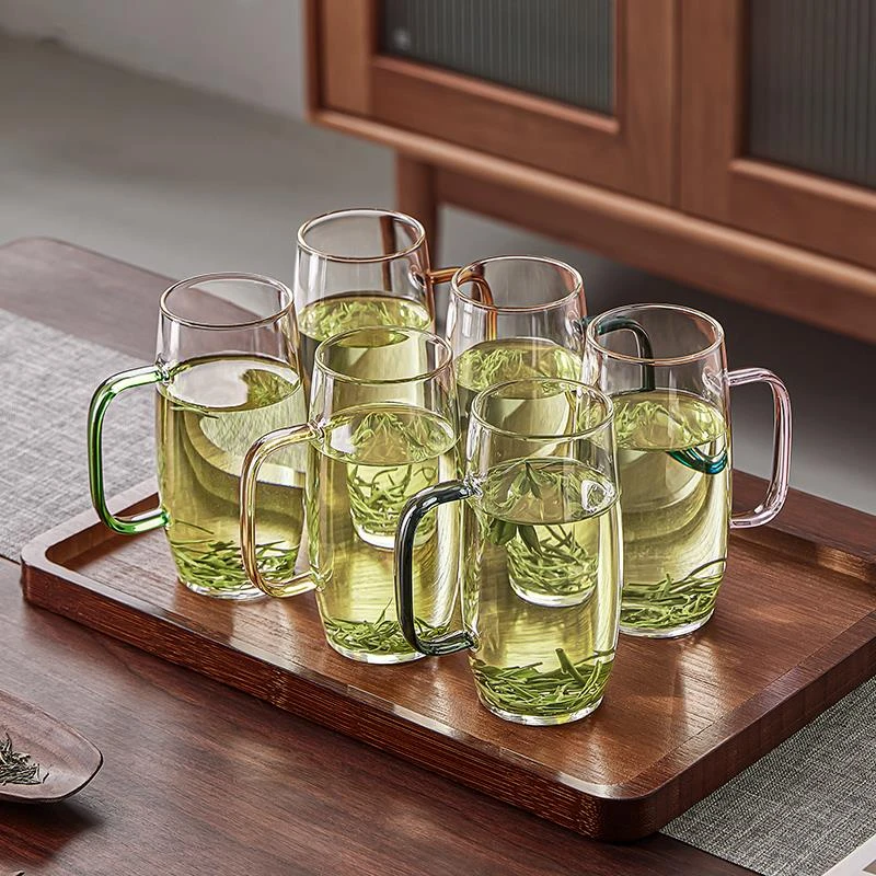 高档彩柄绿茶杯托盘套装家用耐高温玻璃杯水杯家用喝水杯子泡茶杯