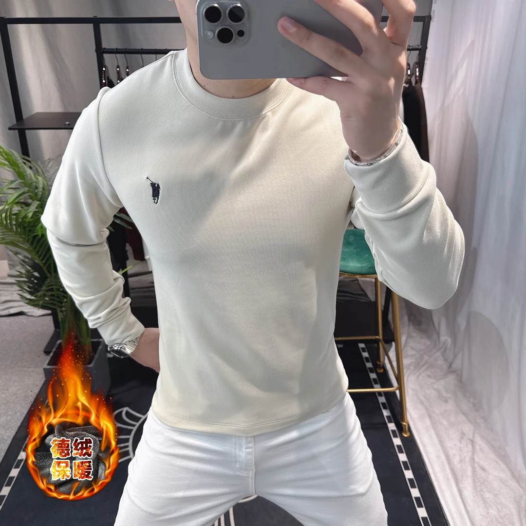 欧洲站高端刺绣德绒长袖t恤男士2025新款圆领打底衫保暖上衣潮牌