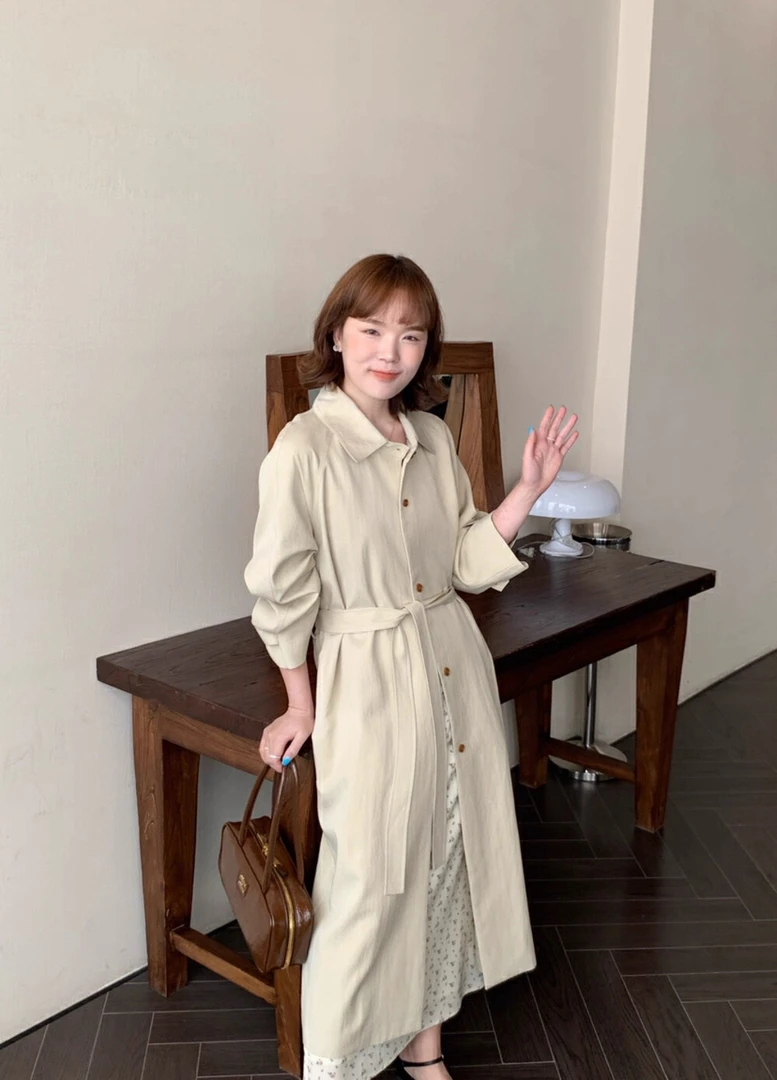 【NO退NO换】26836#抹茶#韩系简约翻领长款风衣（配腰带）