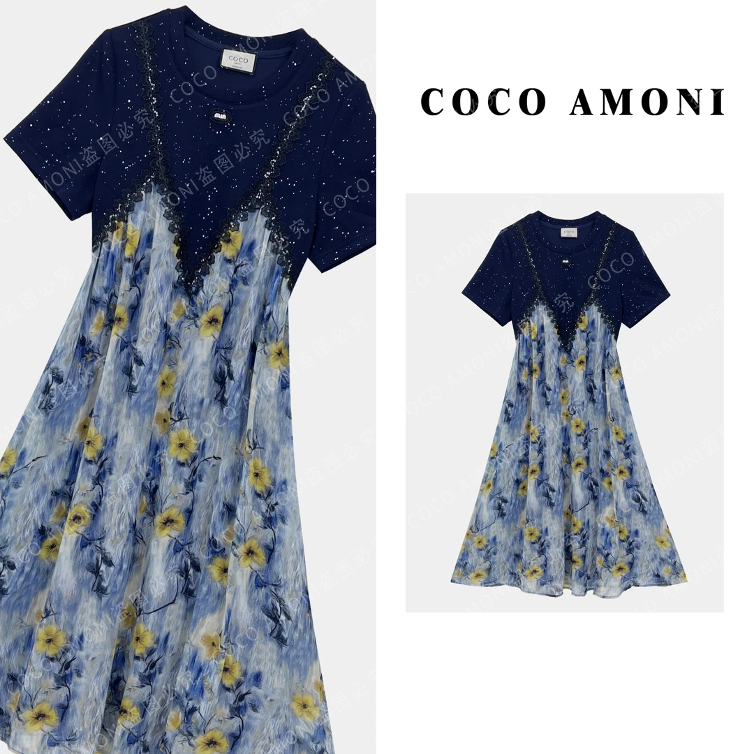 [曼姐]夏日轻奢设计师爆款拼接重工满钻碎花显瘦气质连衣裙ZC699