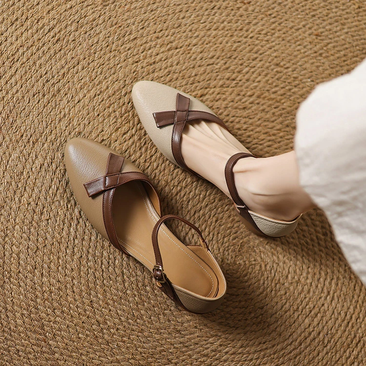 里外纯皮～羊皮3cm法式复古蝴蝶结舒适玛丽珍时尚时装凉鞋夏季粗跟