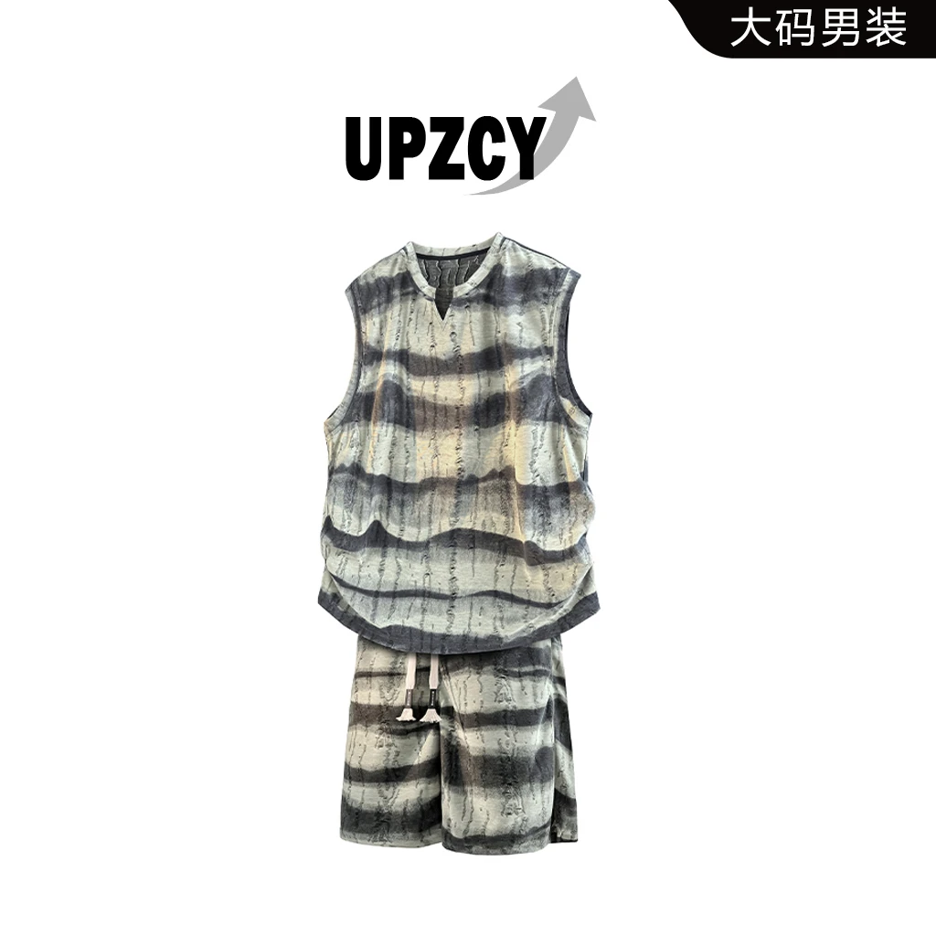 UPZCY夏季男士无袖背心套装美式大码潮牌条纹宽松休闲高级感男装