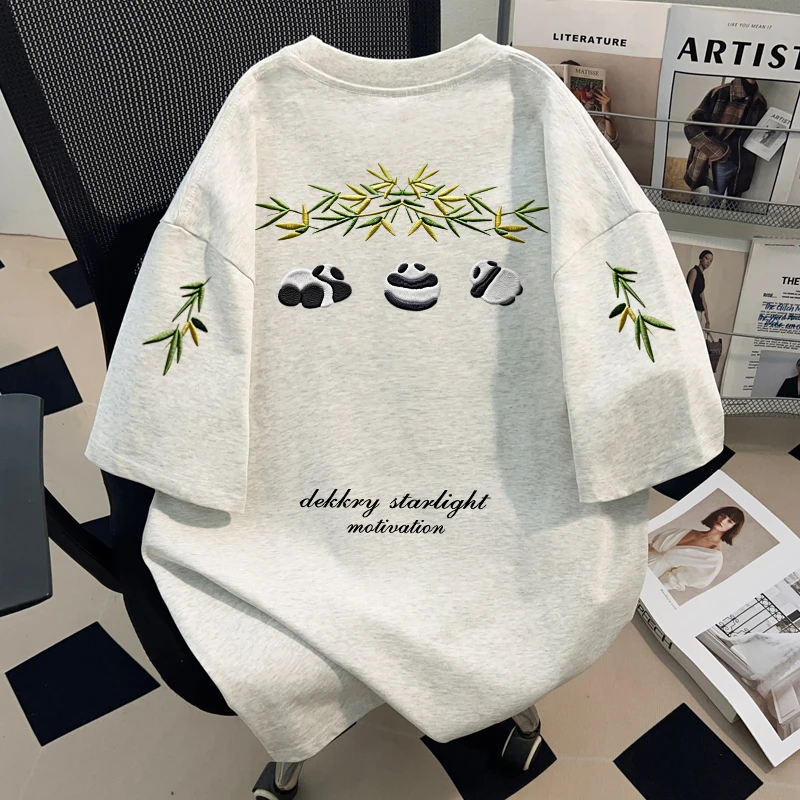Dekkry国潮小众卡通熊猫仿刺绣男女夏季纯棉短袖t恤宽松圆领上衣