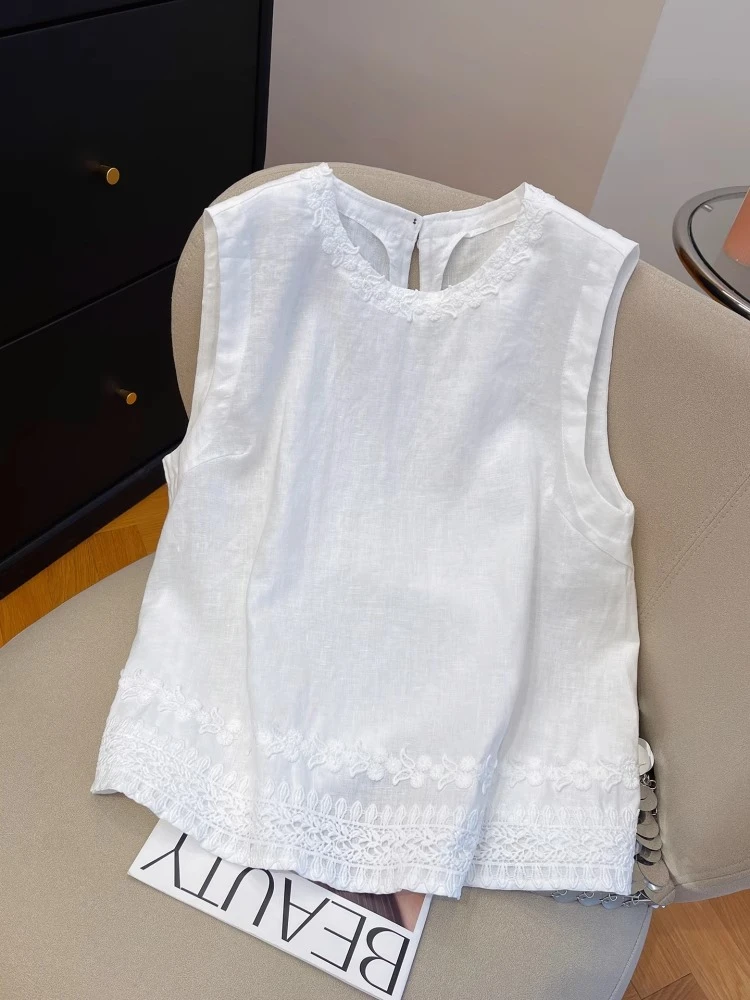 白色花边刺绣气质无袖背心女2025夏季宽松圆领气质时尚女装上衣