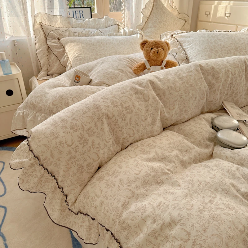 法式浪漫少女心小碎花斜纹水洗棉床裙床单床笠四件套宿舍三件套