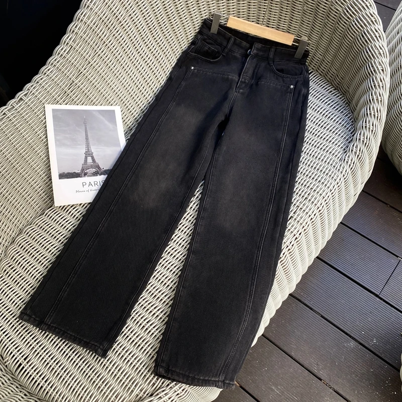 2025新款黑灰铆钉阔腿牛仔裤女拼接百搭宽松高腰显