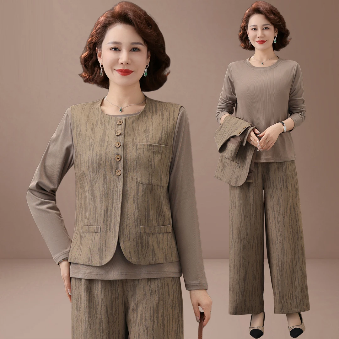 贵夫人妈妈春装套装时尚三件套2025新款中老年女春秋洋气马甲上衣