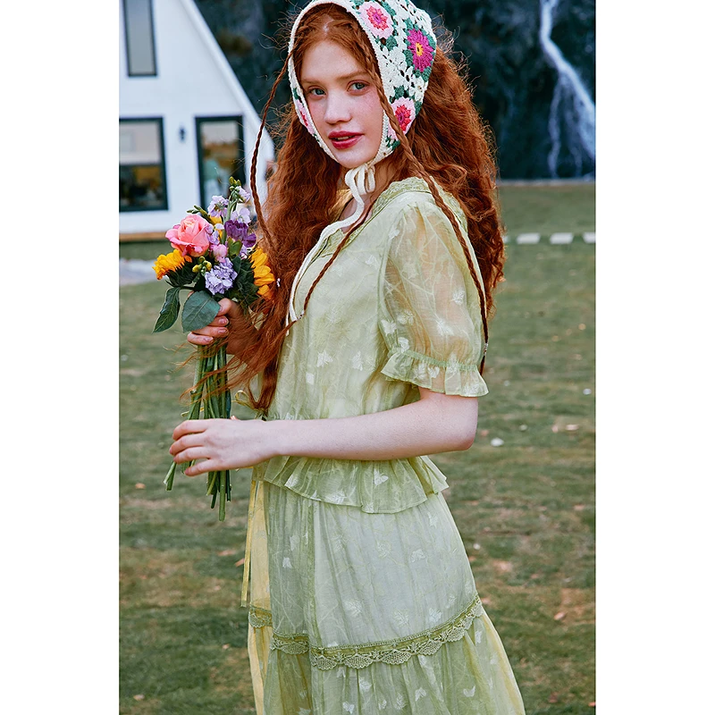 菀壹2025夏季新款短袖蕾丝碎花显瘦气质时尚复古套装H06421529