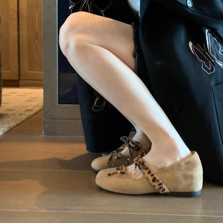 现货软底方头内增高豹纹单鞋女2025新款浅口蝴蝶结玛丽珍芭蕾舞鞋